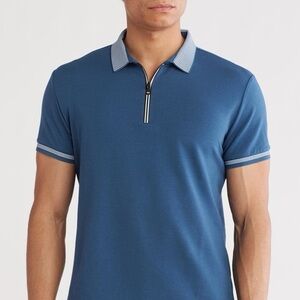 Men's Navy Short-Sleeve Zip Polo with Stripe-Trim Collar NWT